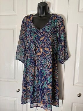 Women's Navy Paisley V-Neck Dress